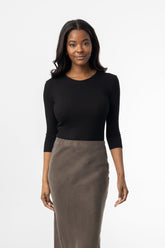 Black Ribbed V-Neck 3/4 Sleeve T-Shirt