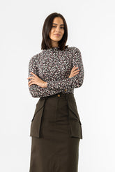 Black Ditsy Floral Printed Mock Neck Top