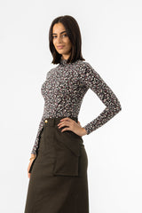 Black Ditsy Floral Printed Mock Neck Top