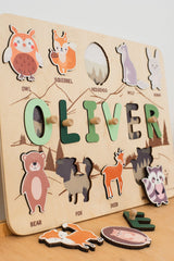 Forest Animal Puzzle, Baby Gift Personalized, Name Puzzle Board, Toddler Toys 1, 2, 3 Year Old, Birthday Gift for Kids, Woodland Nursery
