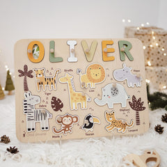 Jungle Puzzle Board, Gift for Kids, Toddlers Unique Gift, Personalized Baby Gift, Personalized Safari Puzzle Board, Montessori Toys