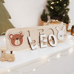 Personalized Name Puzzle With Animals, Montessori Toys, Custom Gift for Kids, Baby, 1st Birthday, Woodland Name Puzzle, First Birthday Gift