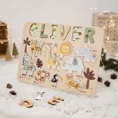 Jungle Theme Nursery, Birthday Gift for Kids, Montessori Puzzle Board, Personalized Baby Gift, Sensory Activity, Wooden Toys for Children