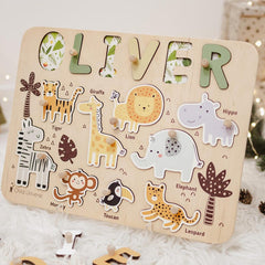 Jungle Puzzle Board, Gift for Kids, Toddlers Unique Gift, Personalized Baby Gift, Personalized Safari Puzzle Board, Montessori Toys