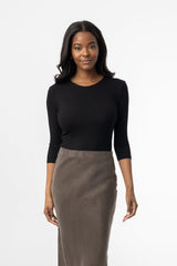 Black Ribbed V-Neck 3/4 Sleeve T-Shirt