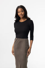 Black Ribbed V-Neck 3/4 Sleeve T-Shirt