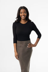 Black Ribbed V-Neck 3/4 Sleeve T-Shirt