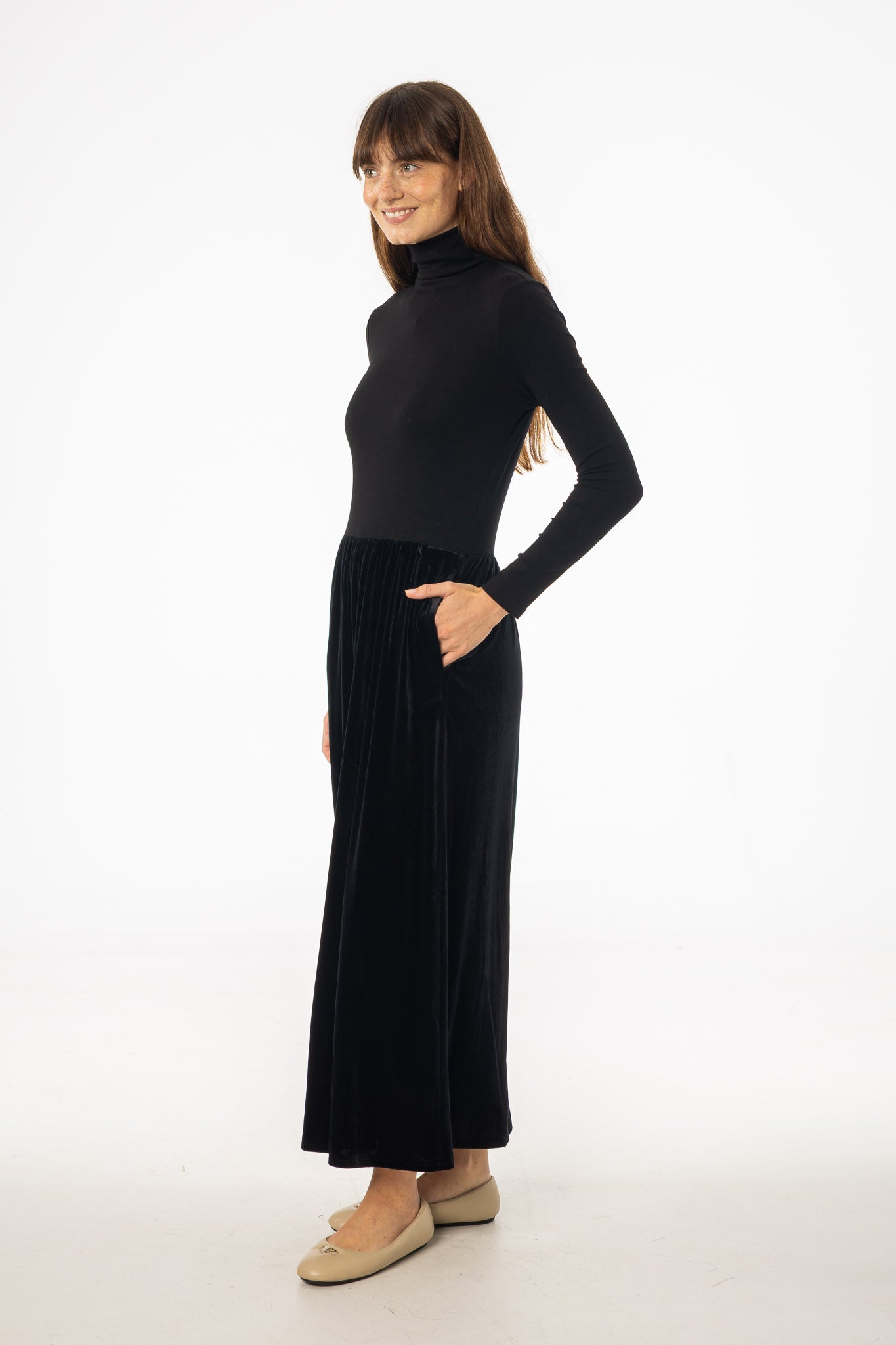 Black Combo Velour Mock Neck Dress