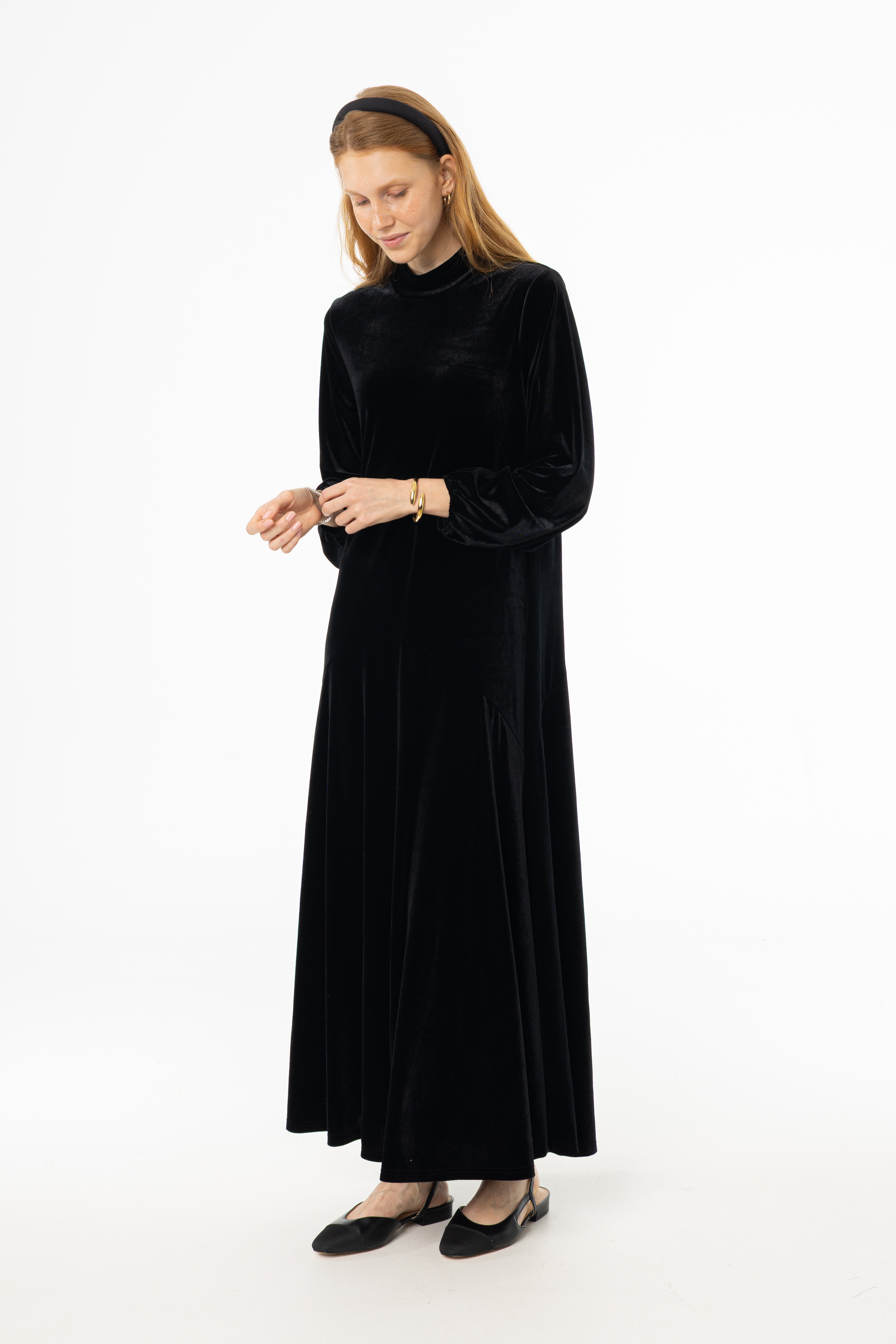Black Flared Hem Velvet Maxi Dress