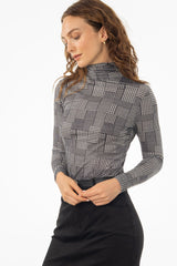 Black Houndstooth Printed Turtleneck Top