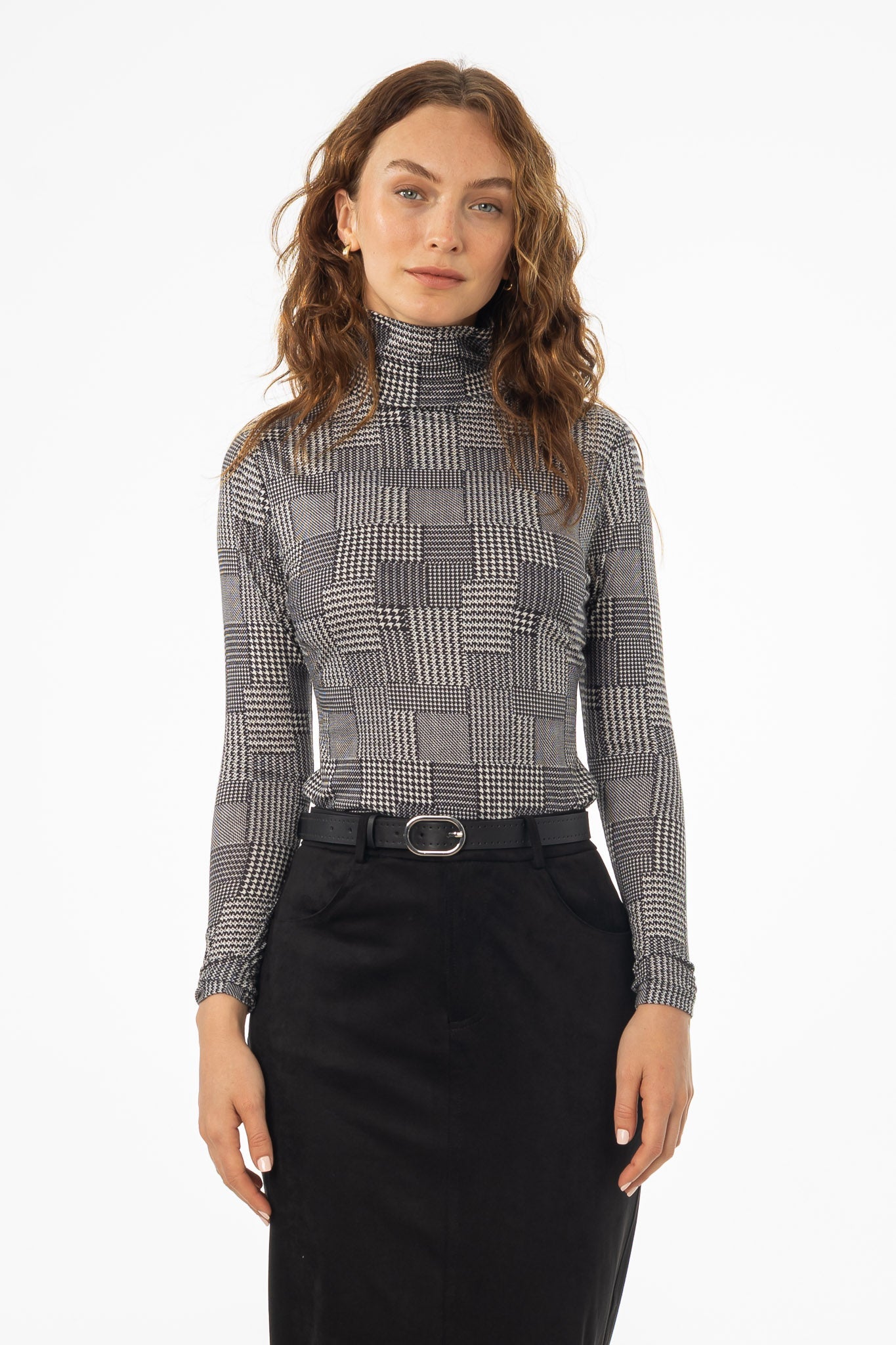 Black Houndstooth Printed Turtleneck Top