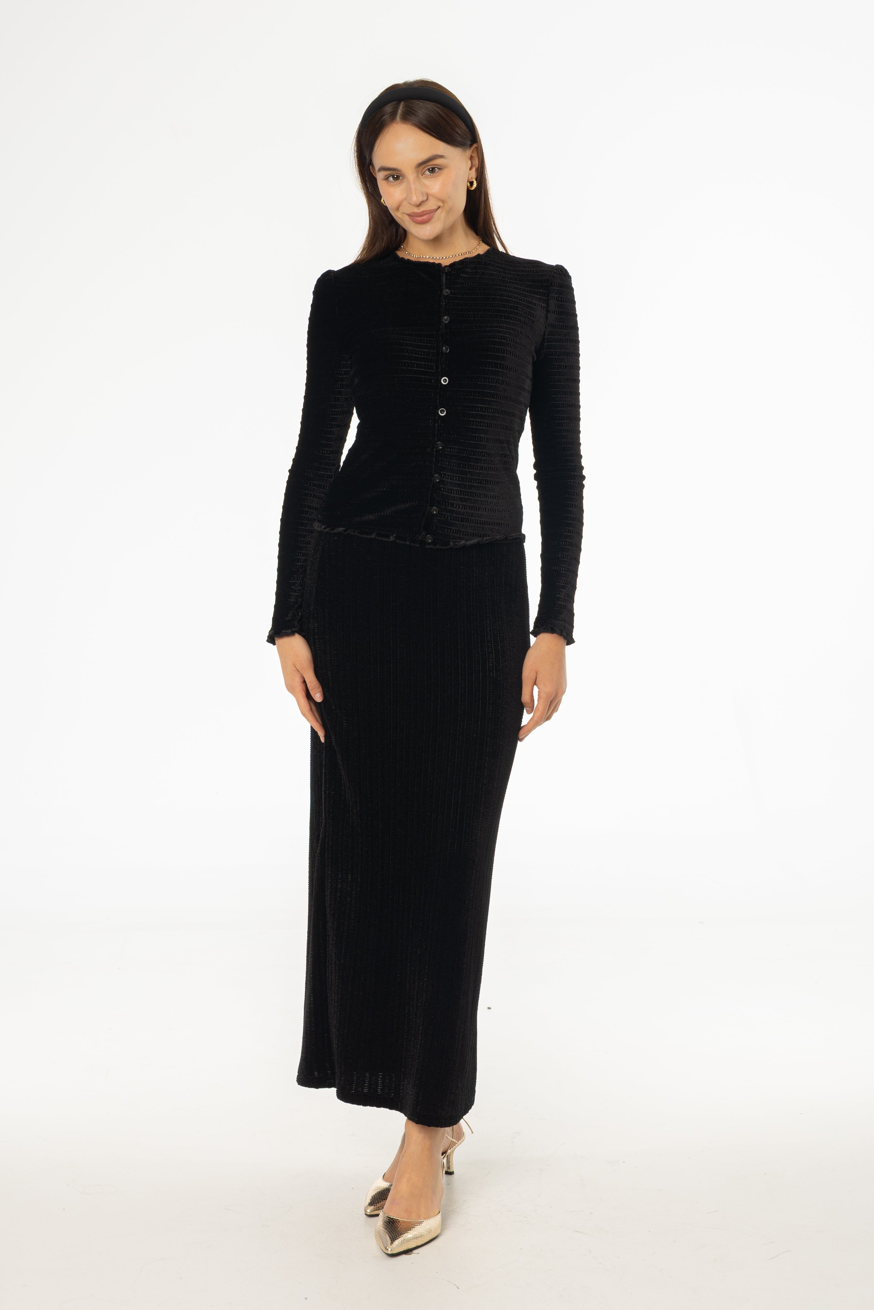 Black Ruched Velvet Skirt