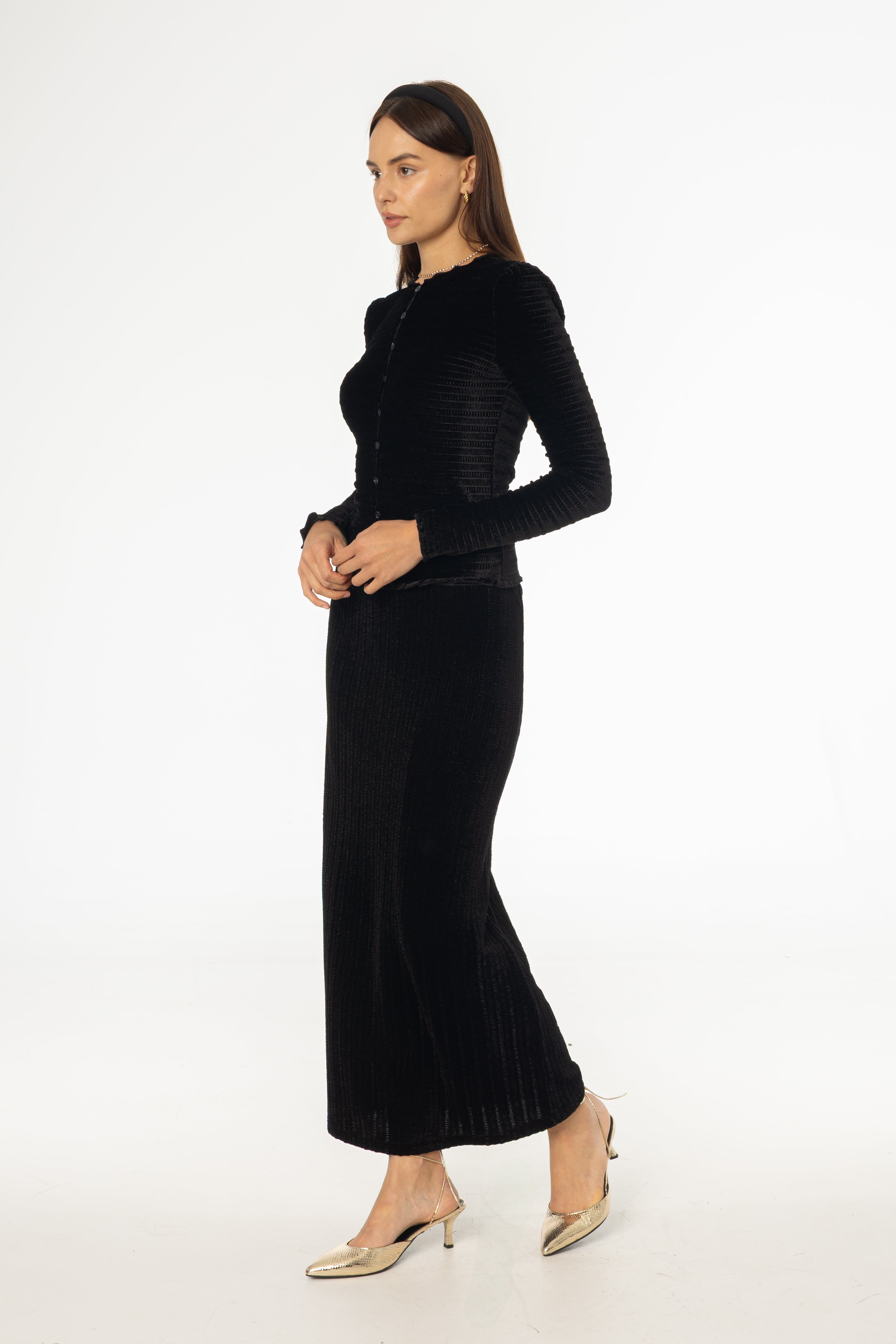 Black Ruched Velvet Skirt