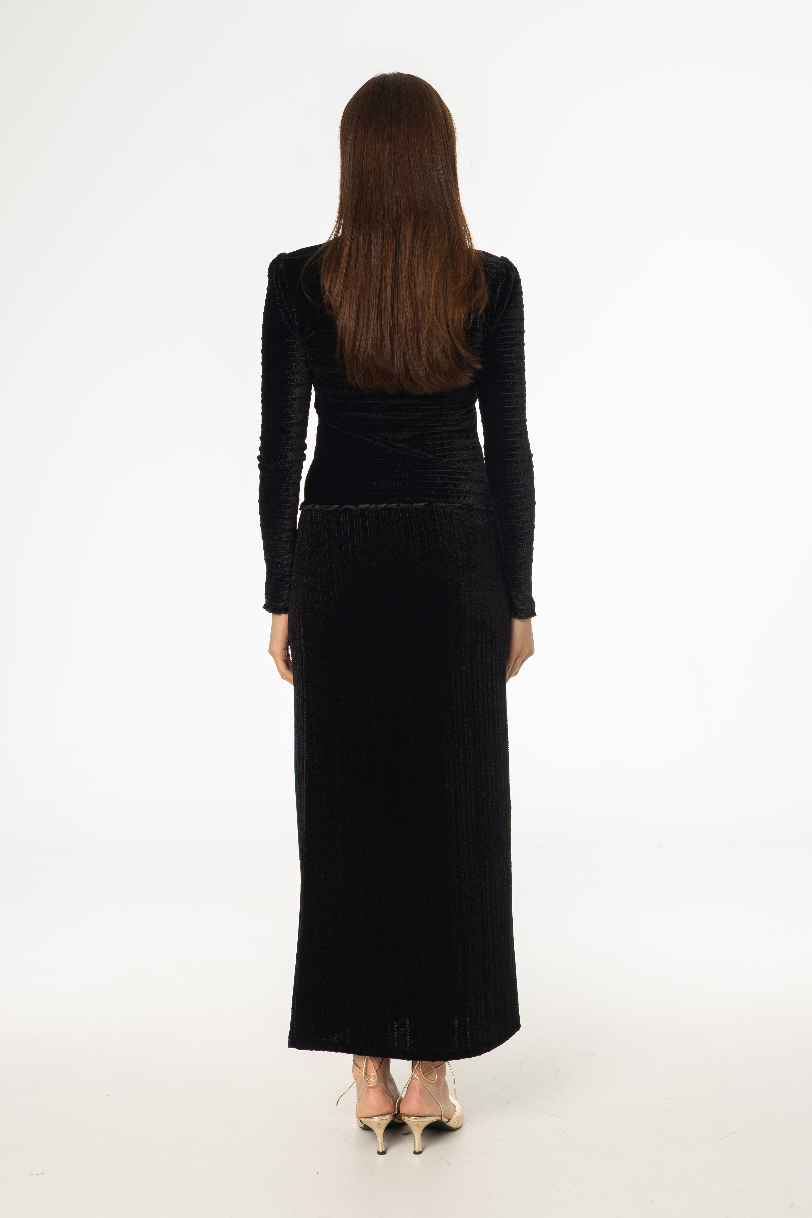 Black Ruched Velvet Skirt