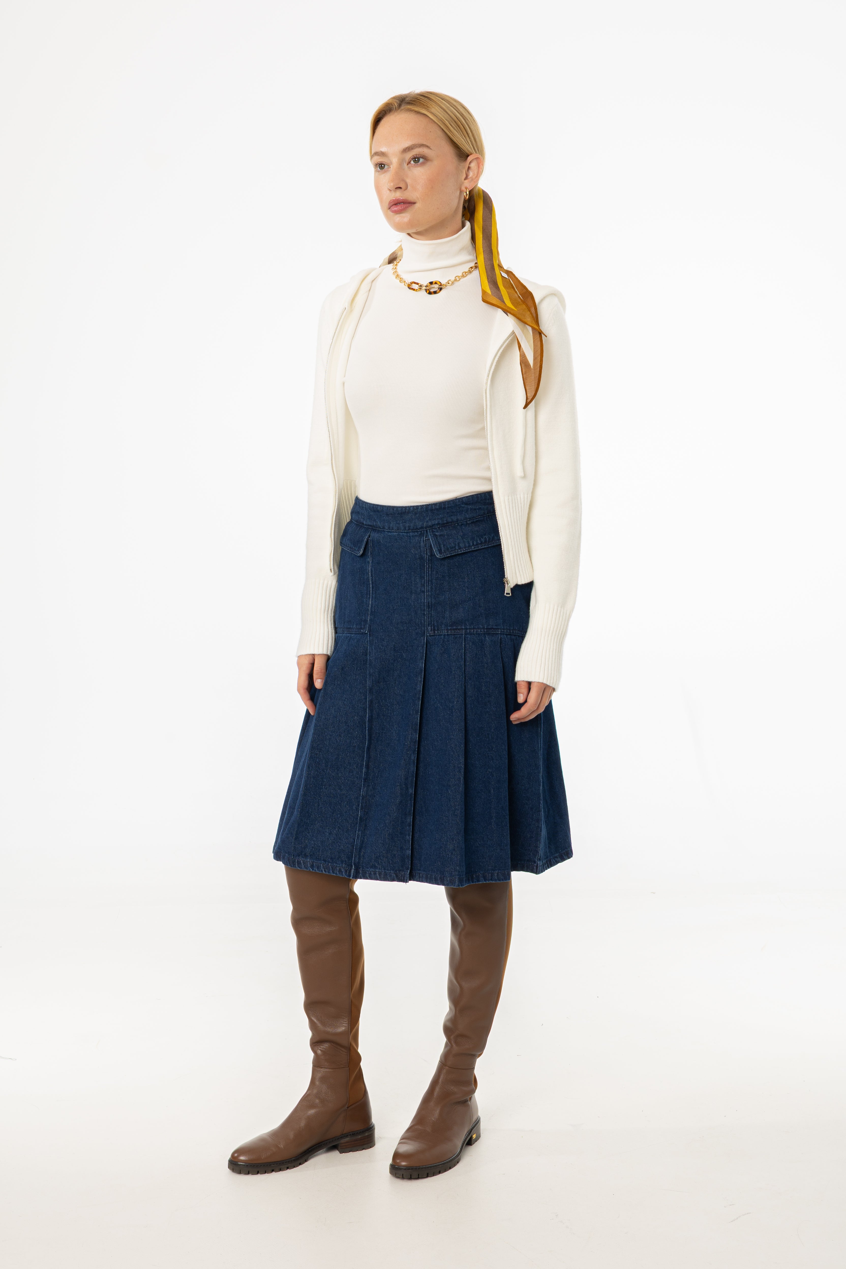 Blue Half Pleat Cargo Denim Skirt