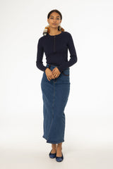 Blue Corduroy Detail Denim Skirt