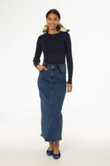 Blue Corduroy Detail Denim Skirt