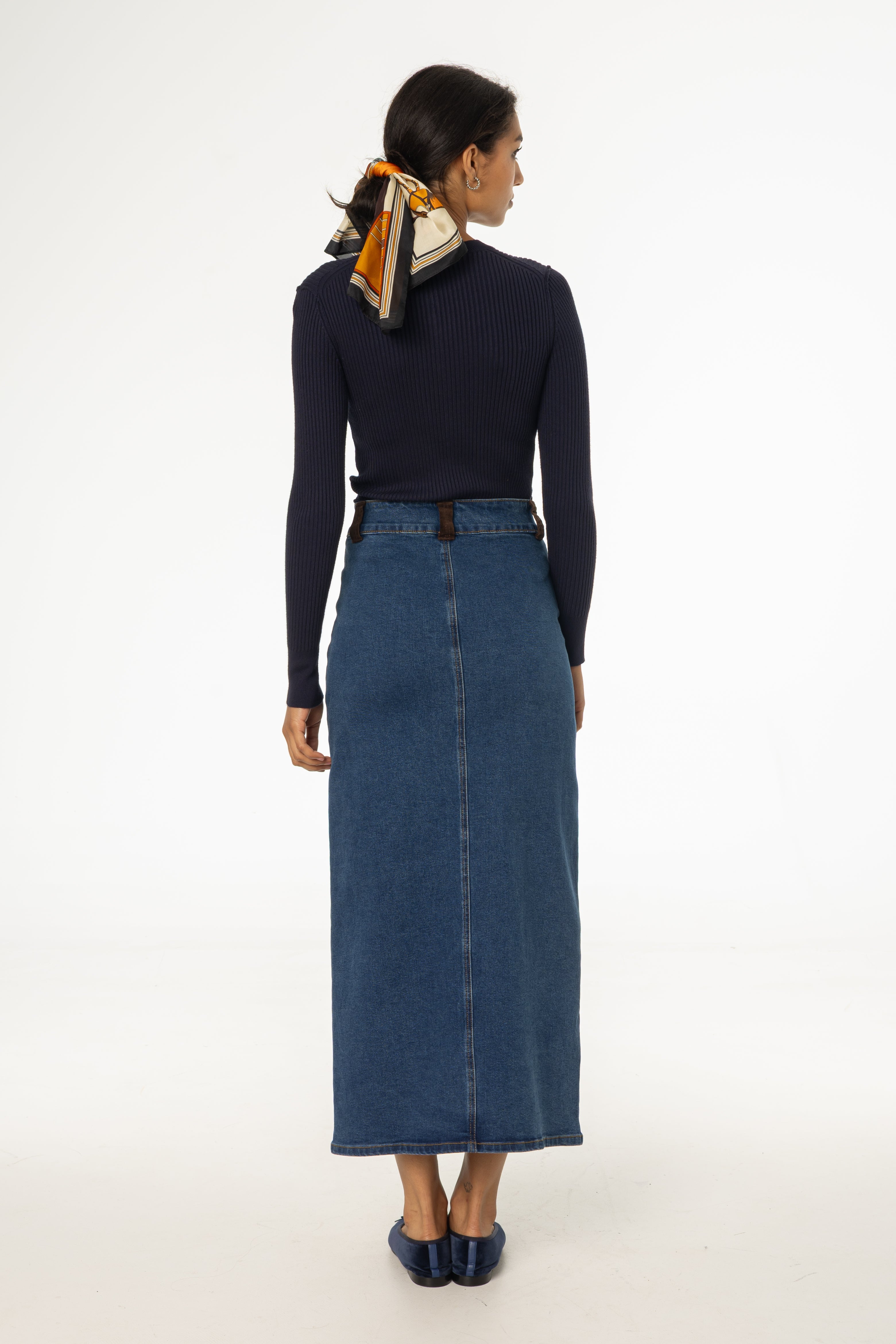 Blue Corduroy Detail Denim Skirt