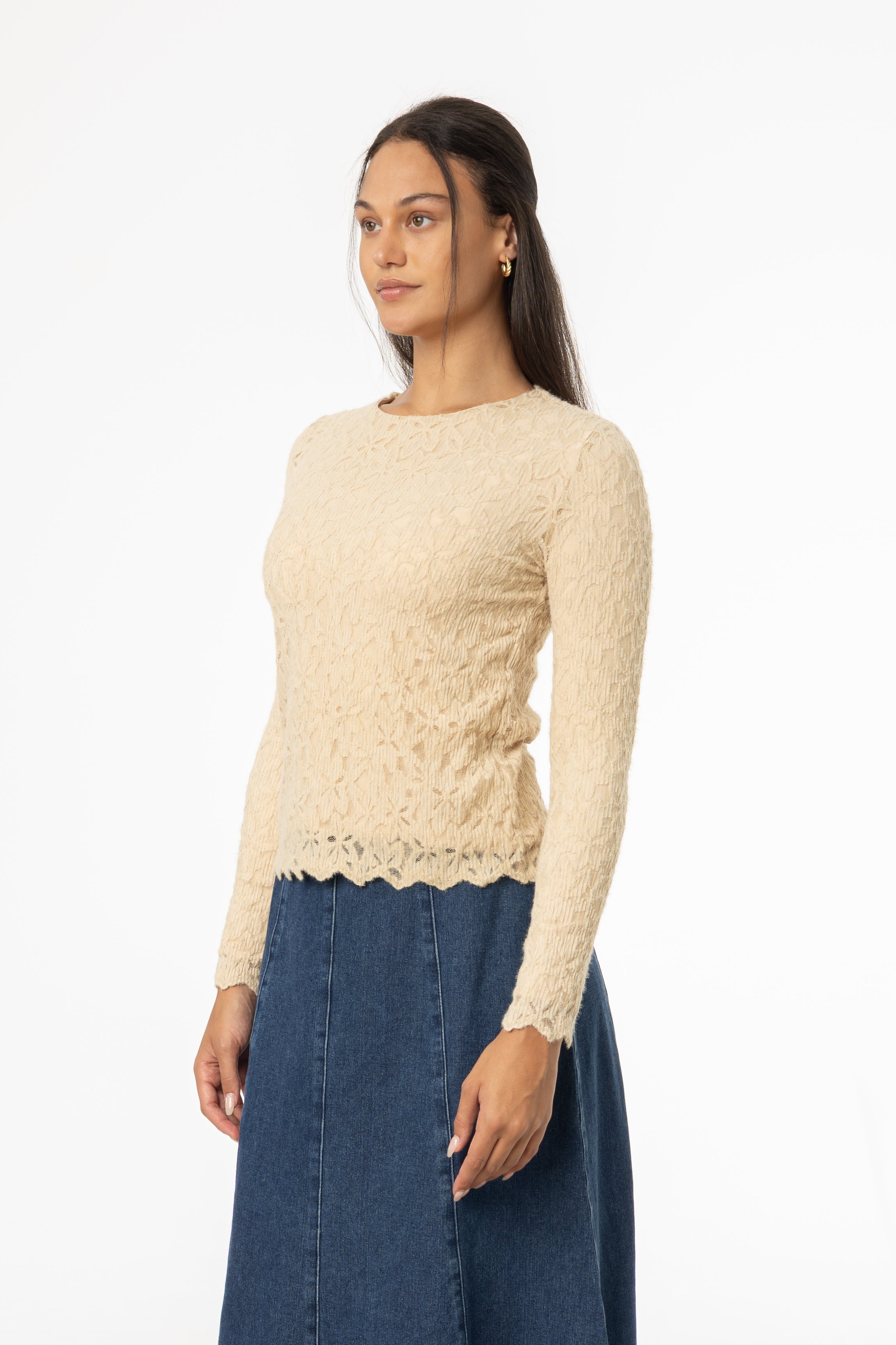 Bone Floral Scalloped Top