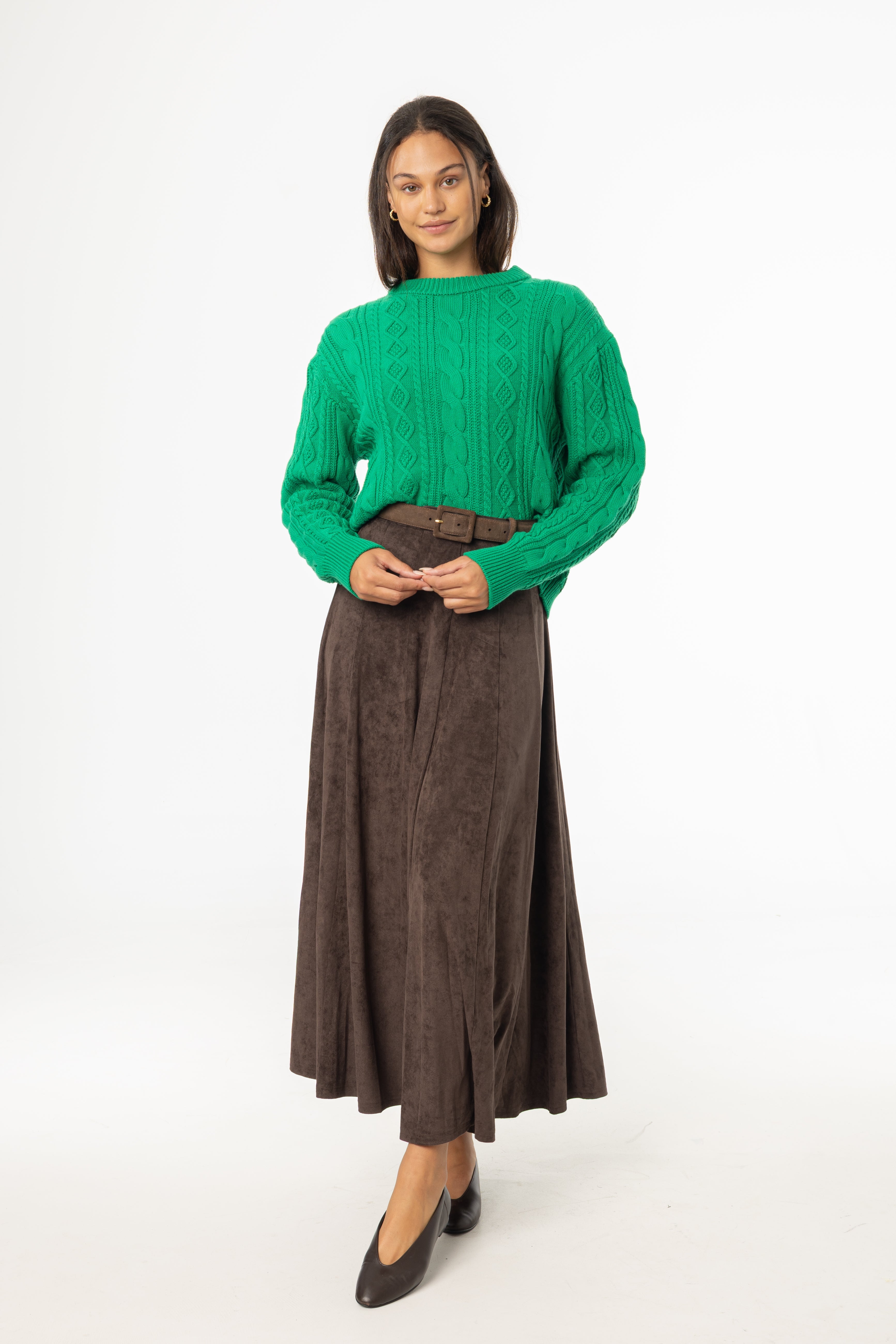 Brown Paneled Microsuede Skirt