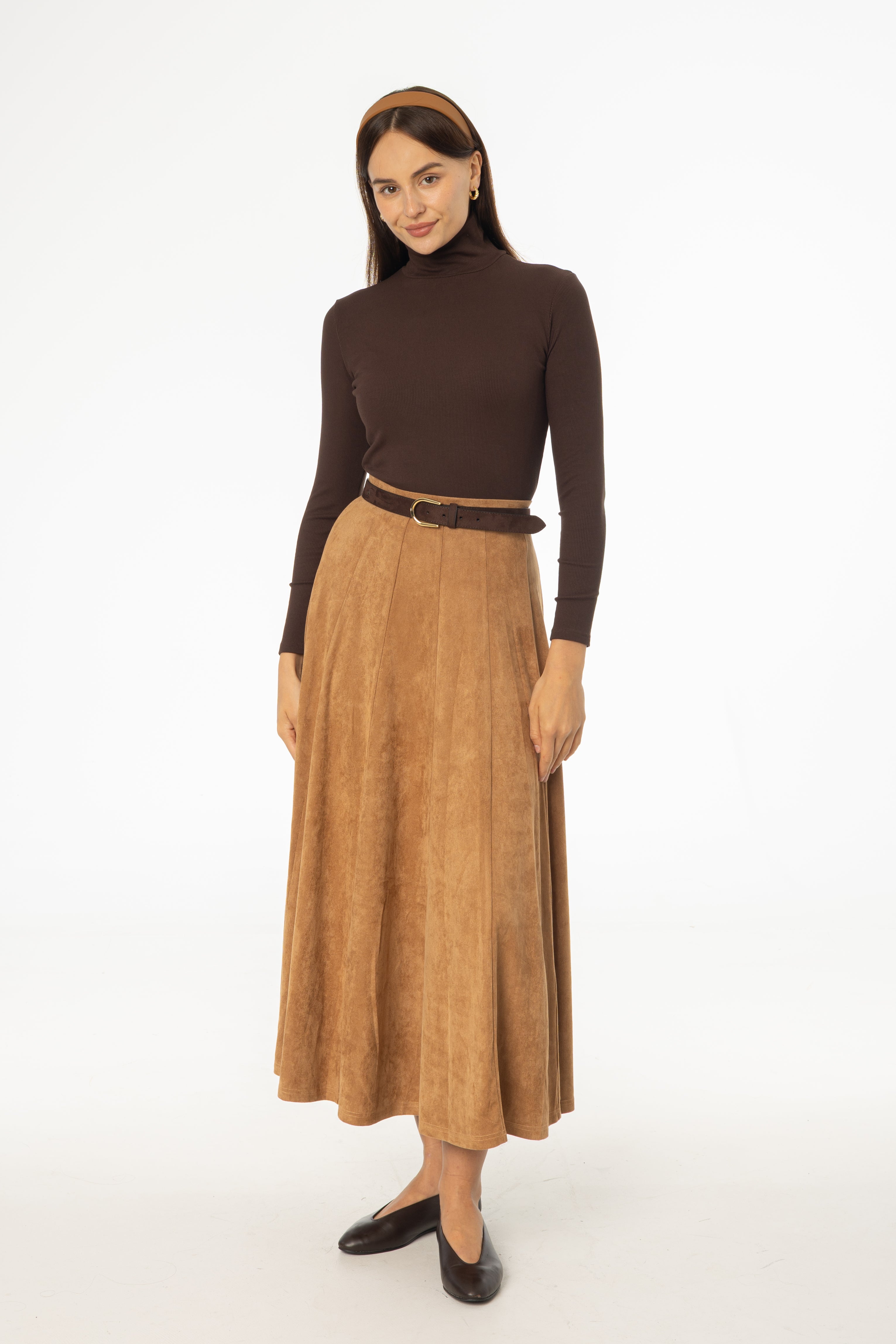 Camel Paneled Microsuede Skirt