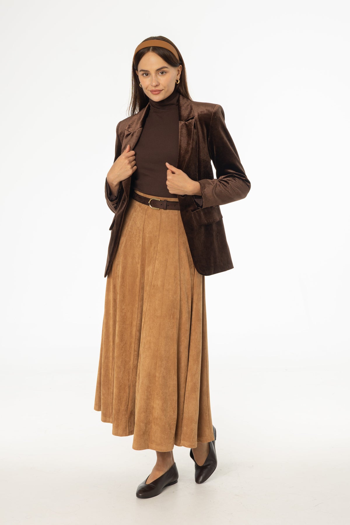 Camel Paneled Microsuede Skirt