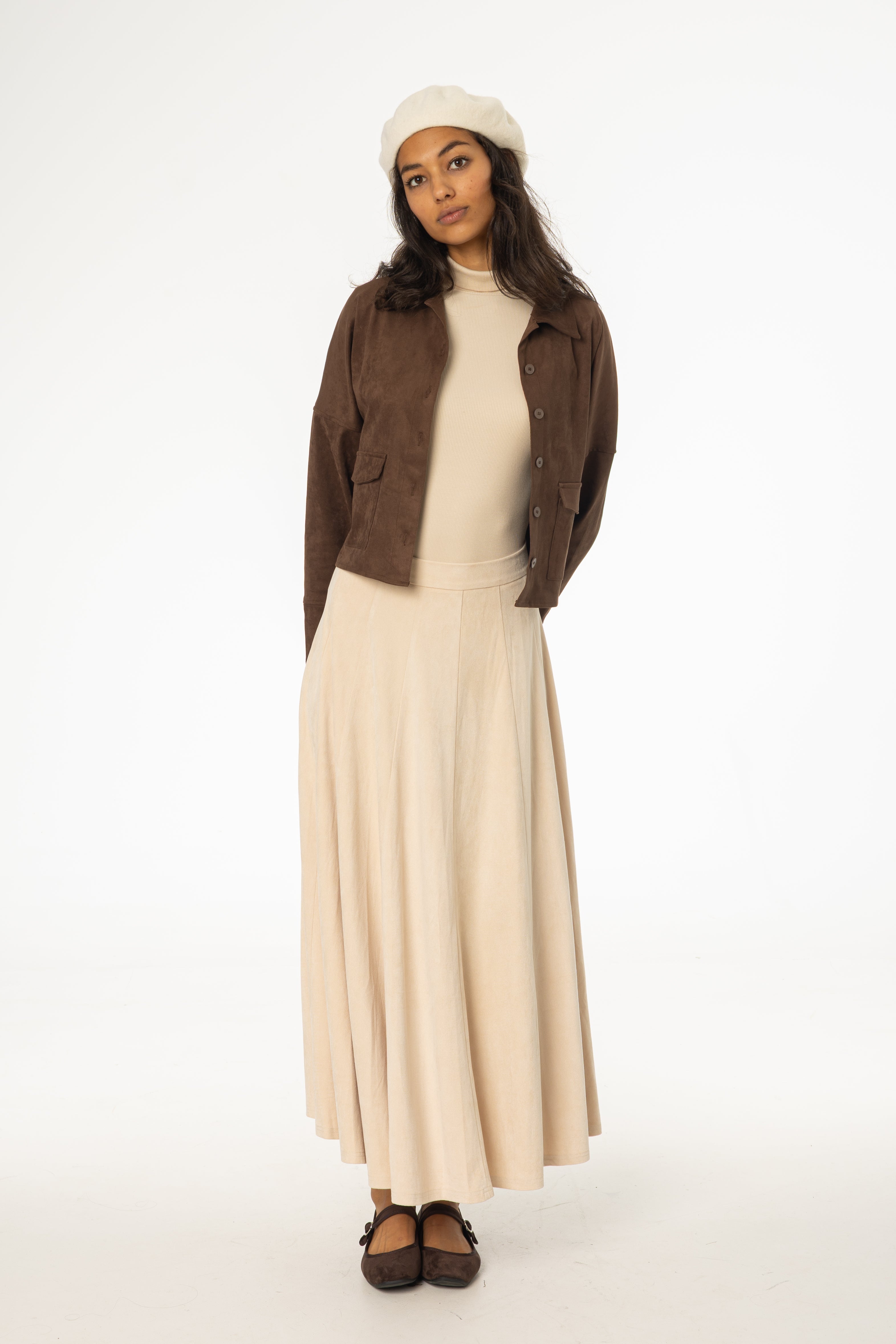 Cream Paneled Microsuede Skirt