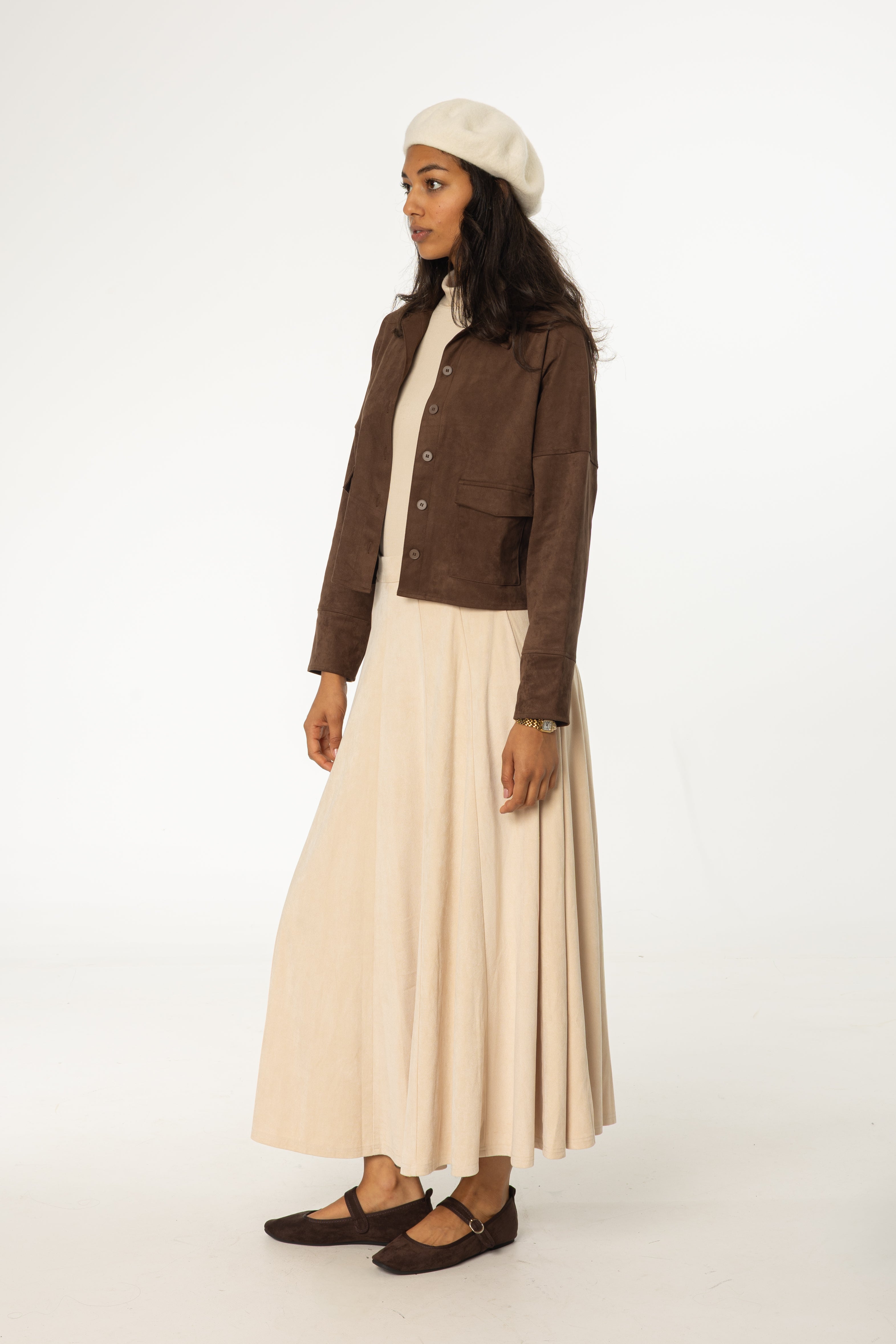 Cream Paneled Microsuede Skirt