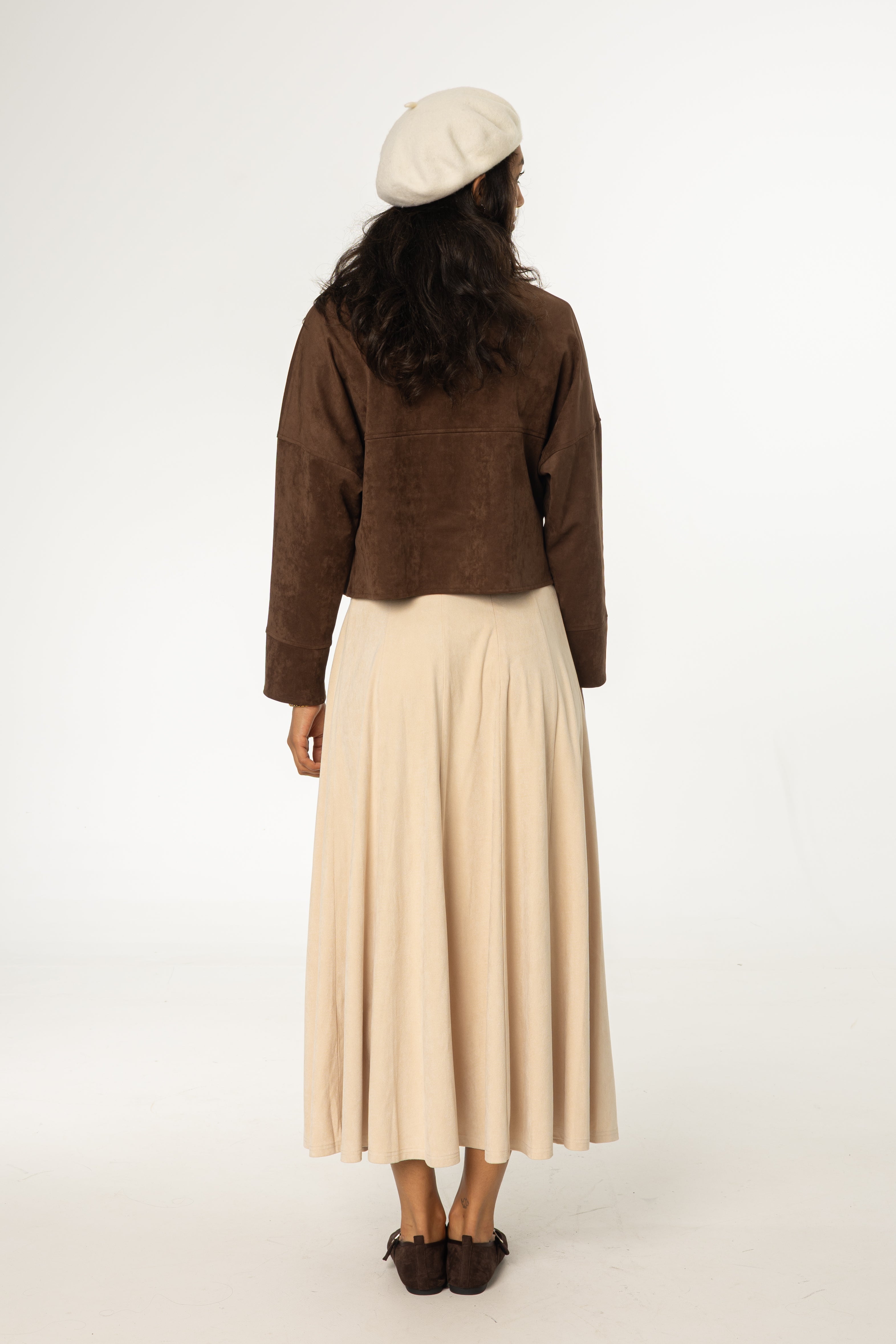 Cream Paneled Microsuede Skirt