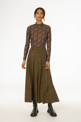 Green Paneled Microsuede Skirt