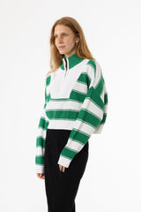 Green Striped Quarter Zip Sweater Top