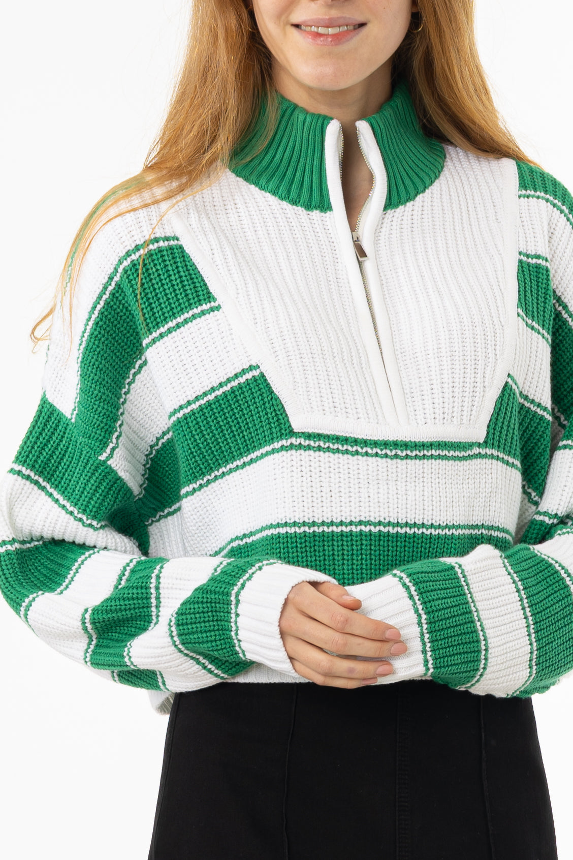 Green Striped Quarter Zip Sweater Top