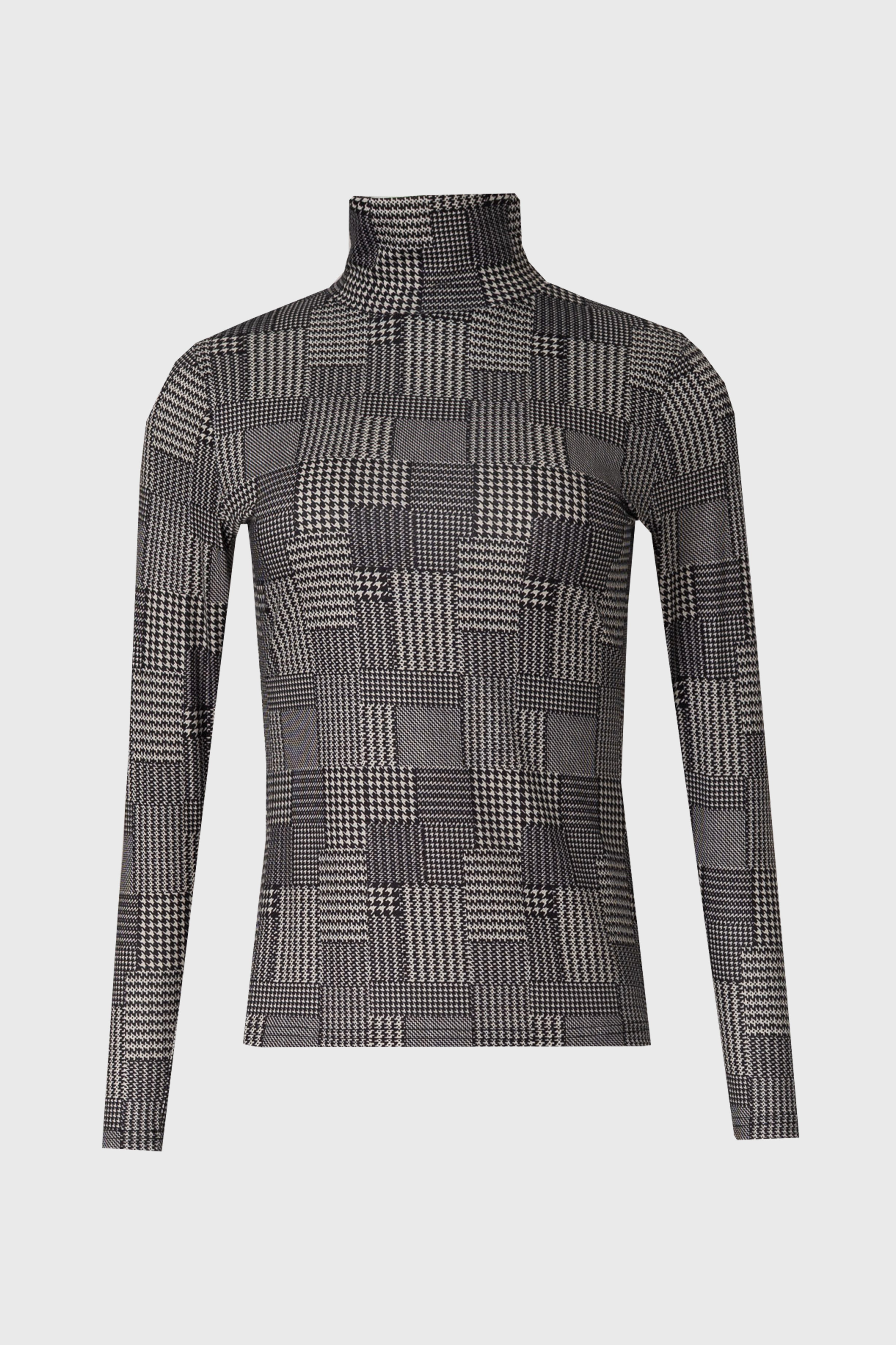 Black Houndstooth Printed Turtleneck Top