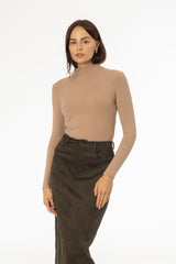 Light Brown Ribbed Mock Neck Top
