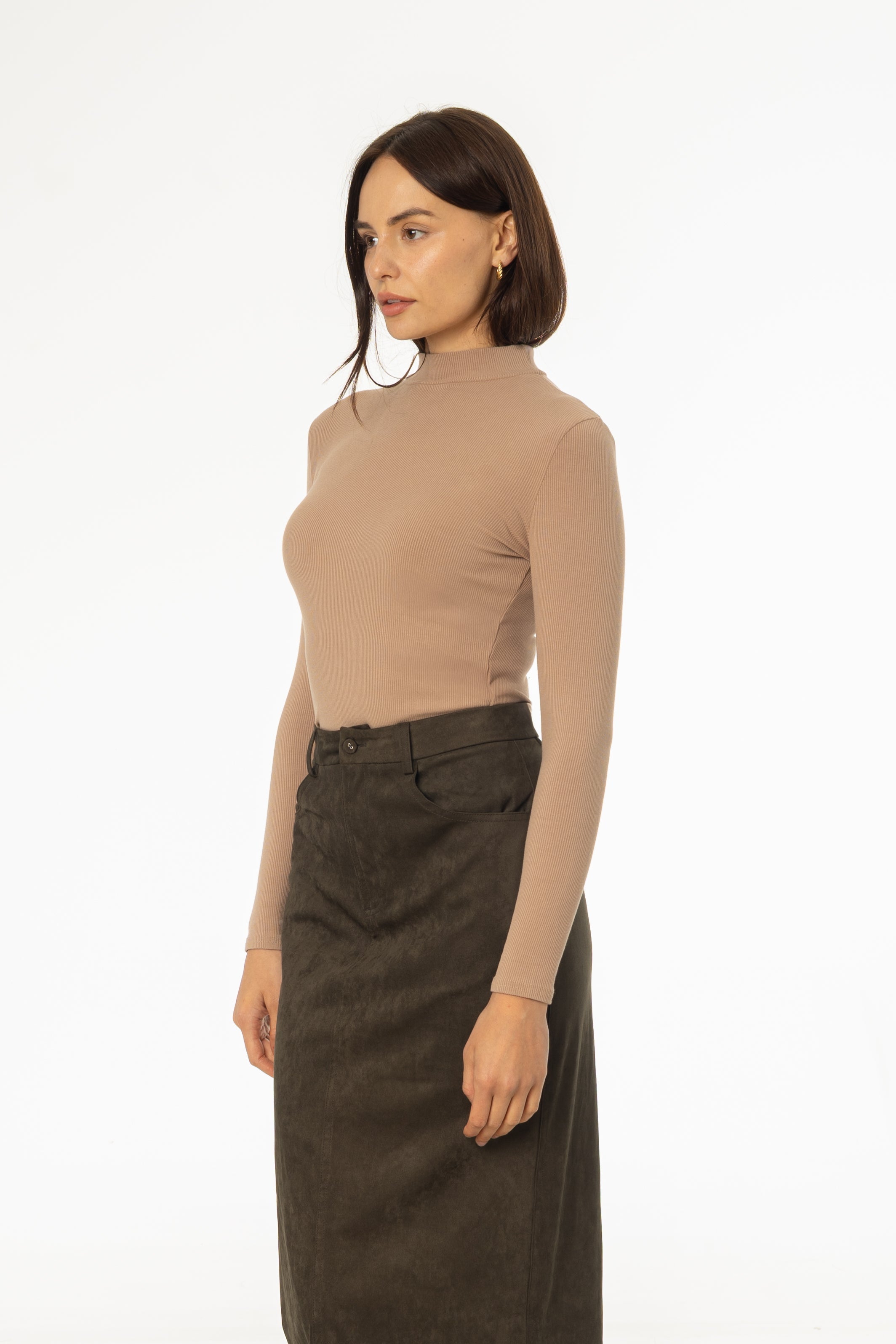 Light Brown Ribbed Mock Neck Top
