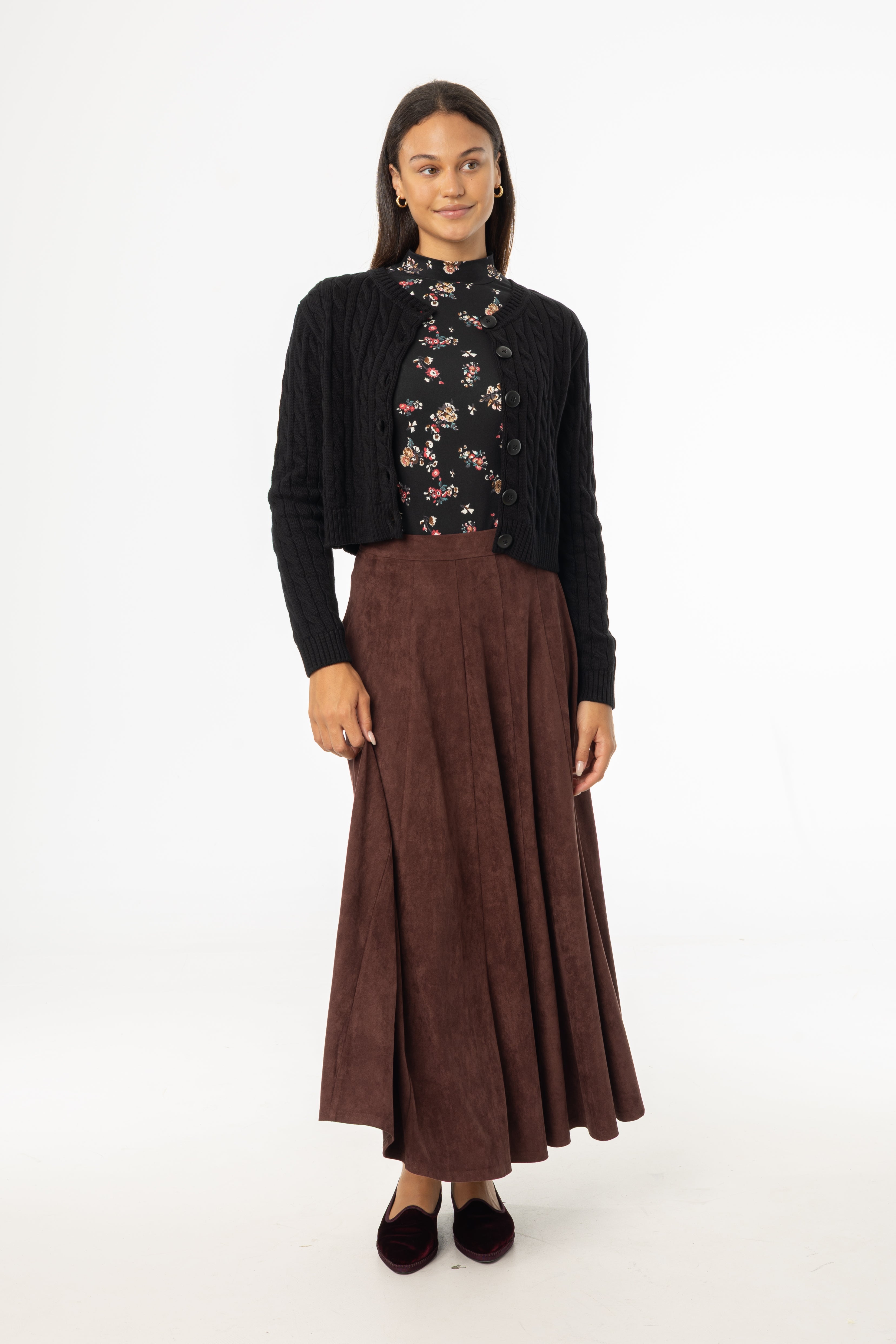 Maroon Paneled Microsuede Skirt