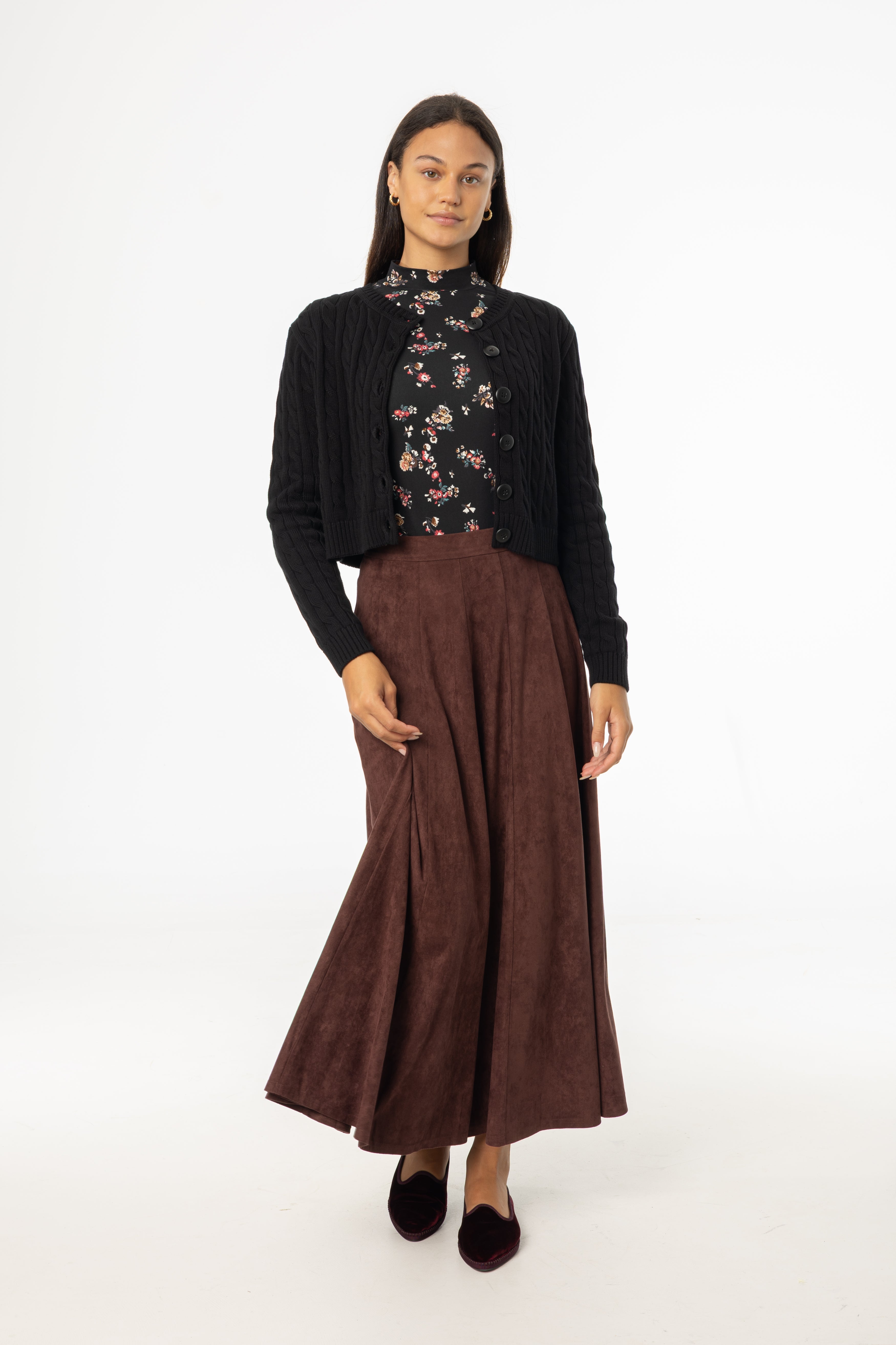 Maroon Paneled Microsuede Skirt