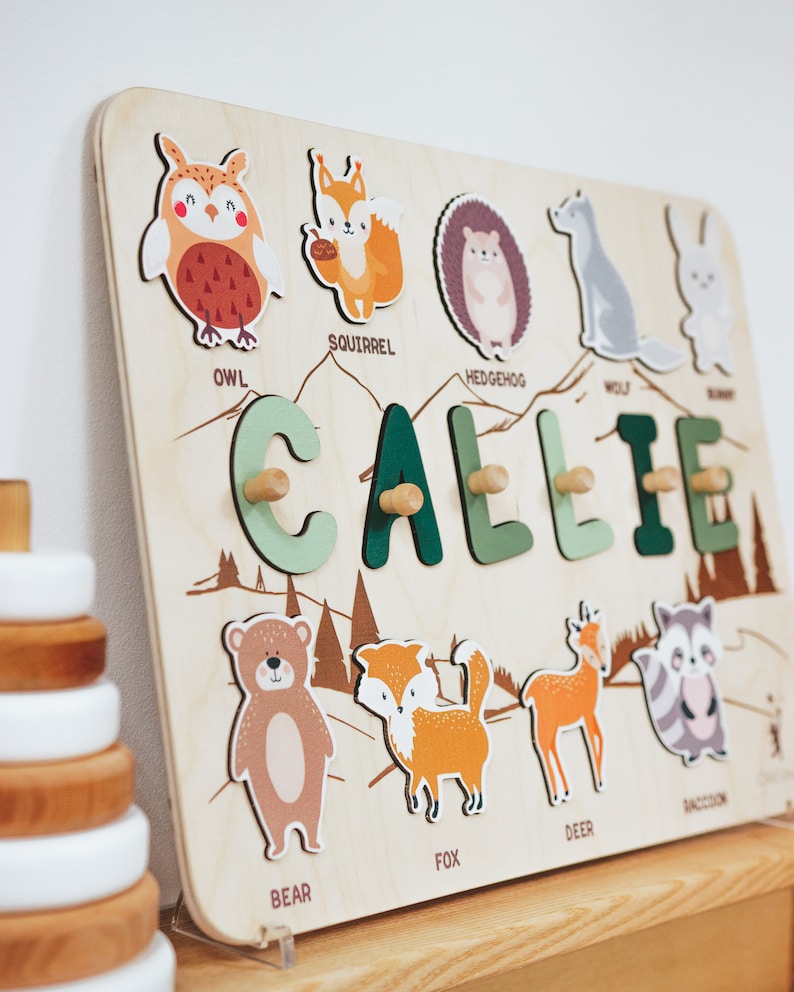 1st Birthday Gift, Woodland Animals Theme, Name Puzzle for Baby, Toddlers Toys, Personalized Baby Boy Gift, Montessori Toys Board, Kids Gift