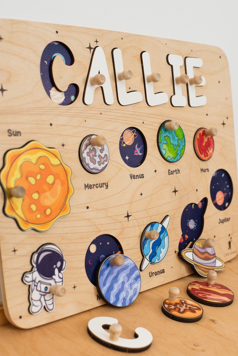 Space Name Puzzle Board, Custom Name Puzzle, Personalized Gift for Baby Boy, Space Planet Toys, 1st 2nd Birthday Baby Gift Child Universe