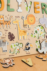 Personalized Baby Gift, Jungle Animals Puzzle Board, Safari Nursery Theme, Montessori Toys, Birthday Gift for Kids, Toddlers Gift