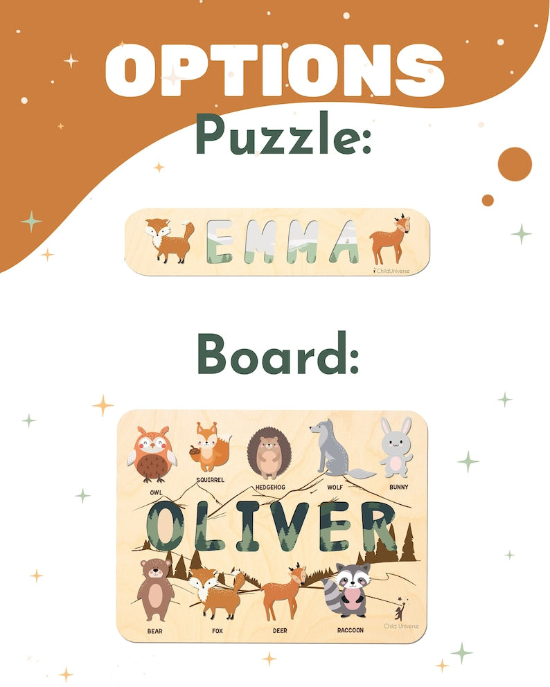 1st Birthday Gift, Woodland Animals Theme, Name Puzzle for Baby, Toddlers Toys, Personalized Baby Boy Gift, Montessori Toys Board, Kids Gift