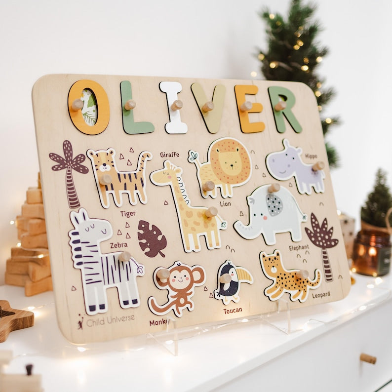 Baby Gift Personalized, Forest Animal Puzzle, Toddler Toys 1, 2, 3 Year Old, Name Puzzle Board, Birthday Gift for Kids, Woodland Nursery